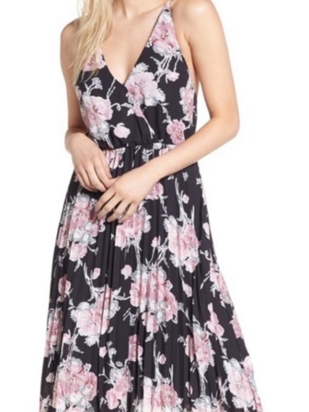 Leith Black Midi Dress with Pink Floral Print